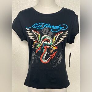 NWT Ed Hardy Womens Black BABY TEE Crop Shirt Top Tshirt Large Y2K Medium